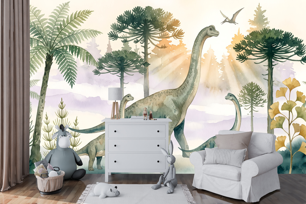 Watercolour dinosaur nursery mural styled in a bright children's room with natural timber furniture, white bedding, and soft morning light — peel and stick or traditional paste nursery wall mural by WallpaperPixi