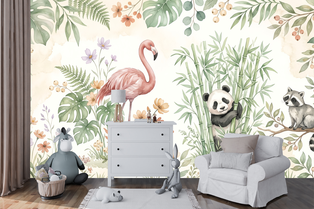 Watercolour Animal Safari Nursery Peel and Stick Wallpaper Mural