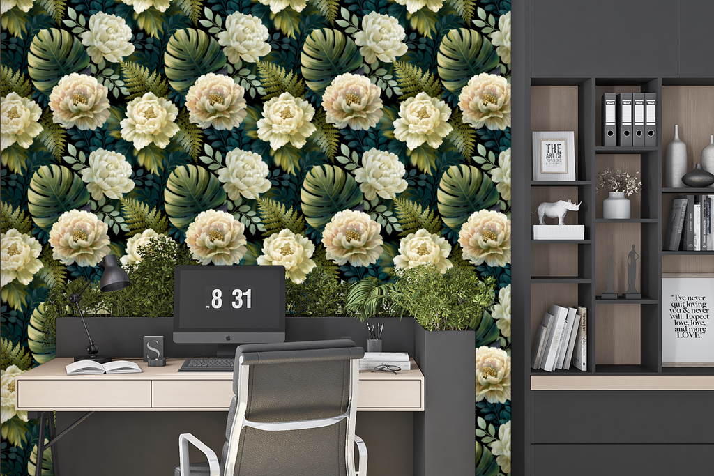 Moody Dark Tropical Peony Peel and Stick Wallpaper Botanical Bedroom