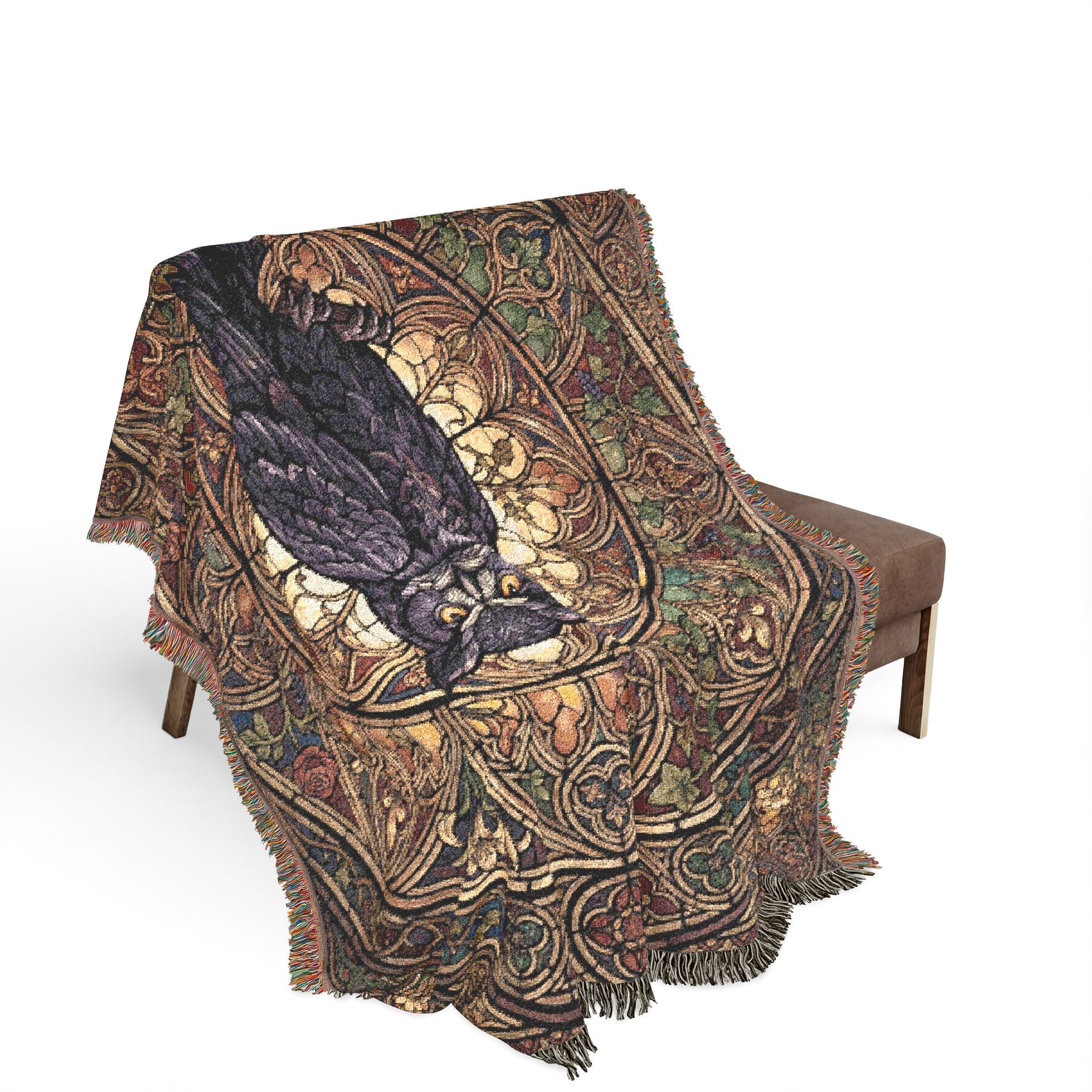 Gothic Owl Stained Glass Woven Throw Blanket Mystical Cathedral Tapestry