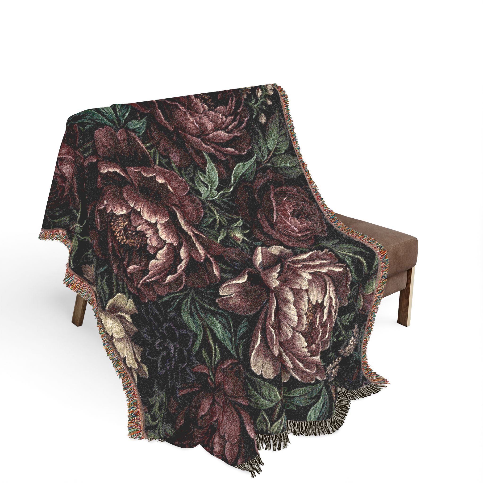 Dark Floral Peony Woven Throw Blanket Moody Botanical Tapestry