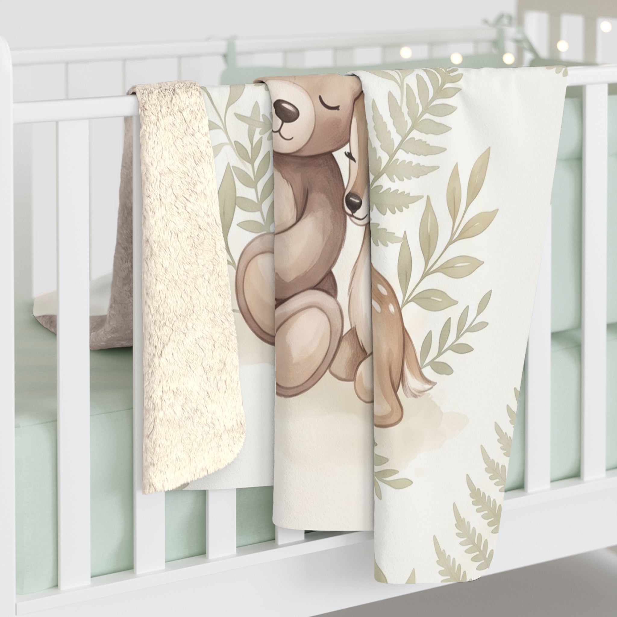 Watercolor Woodland Bear & Fawn Sherpa Fleece Blanket Neutral Nursery Throw