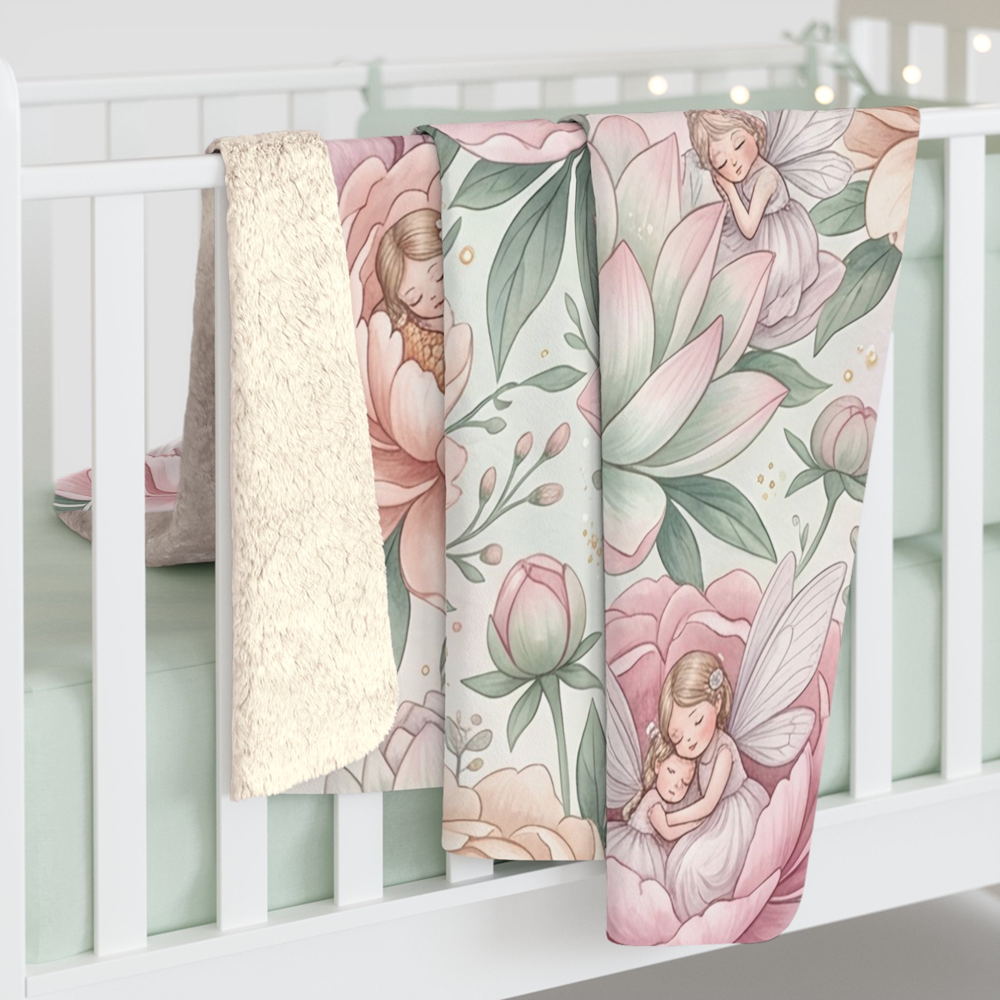 Watercolor Sleeping Pixie & Floral Sherpa Fleece Blanket Fairycore Nursery Throw
