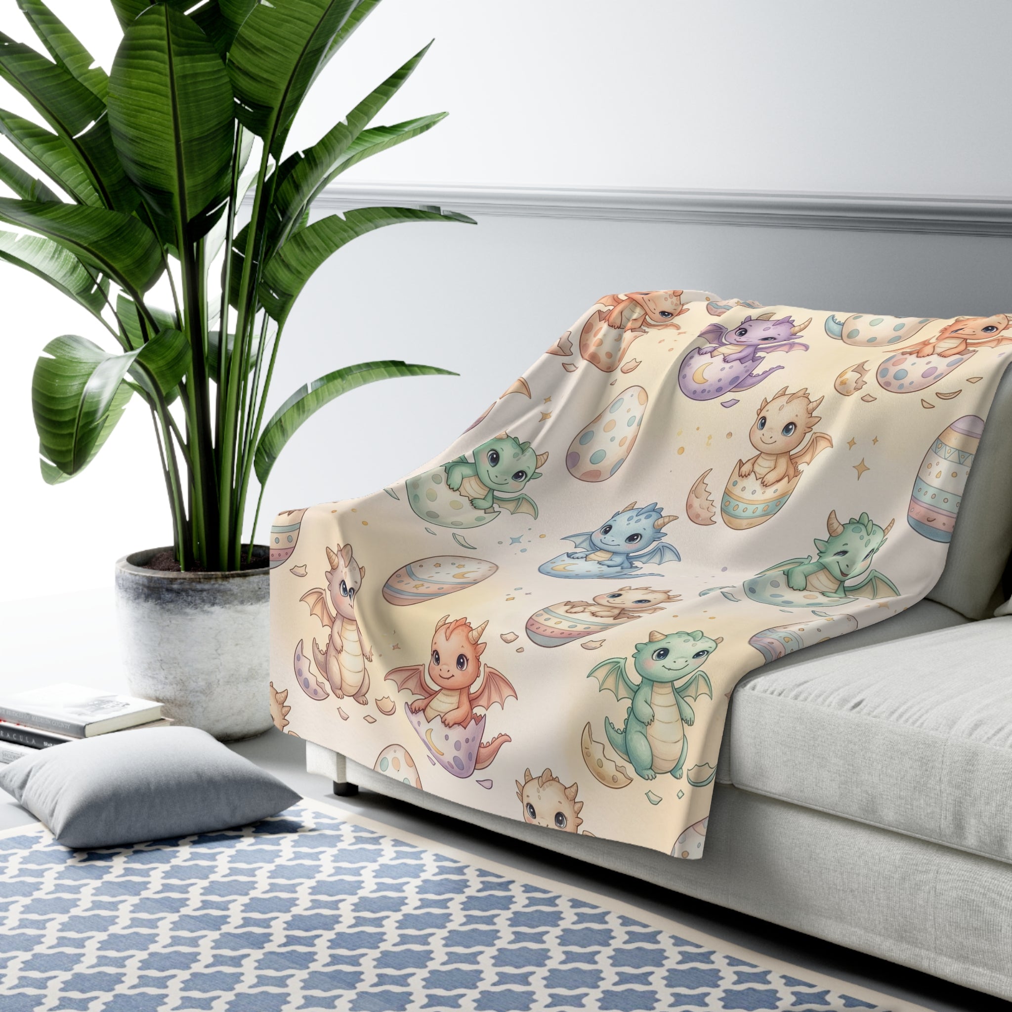 Pastel Hatching Baby Dragon Sherpa Fleece Blanket Fantasy Nursery Throw