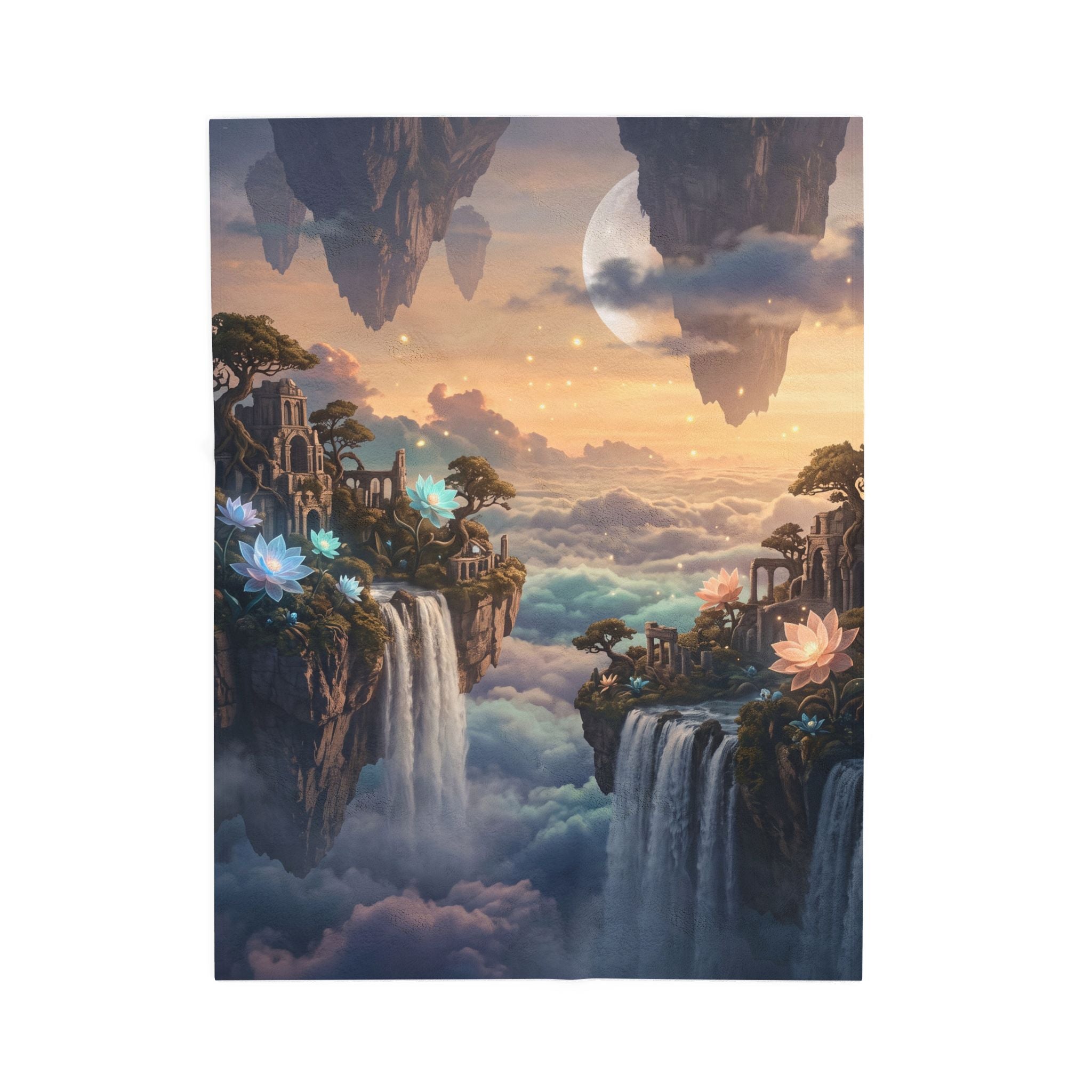 Fantasy Floating Island Plush Throw Blanket Dreamy Lotus Waterfall Velvety Blanket
