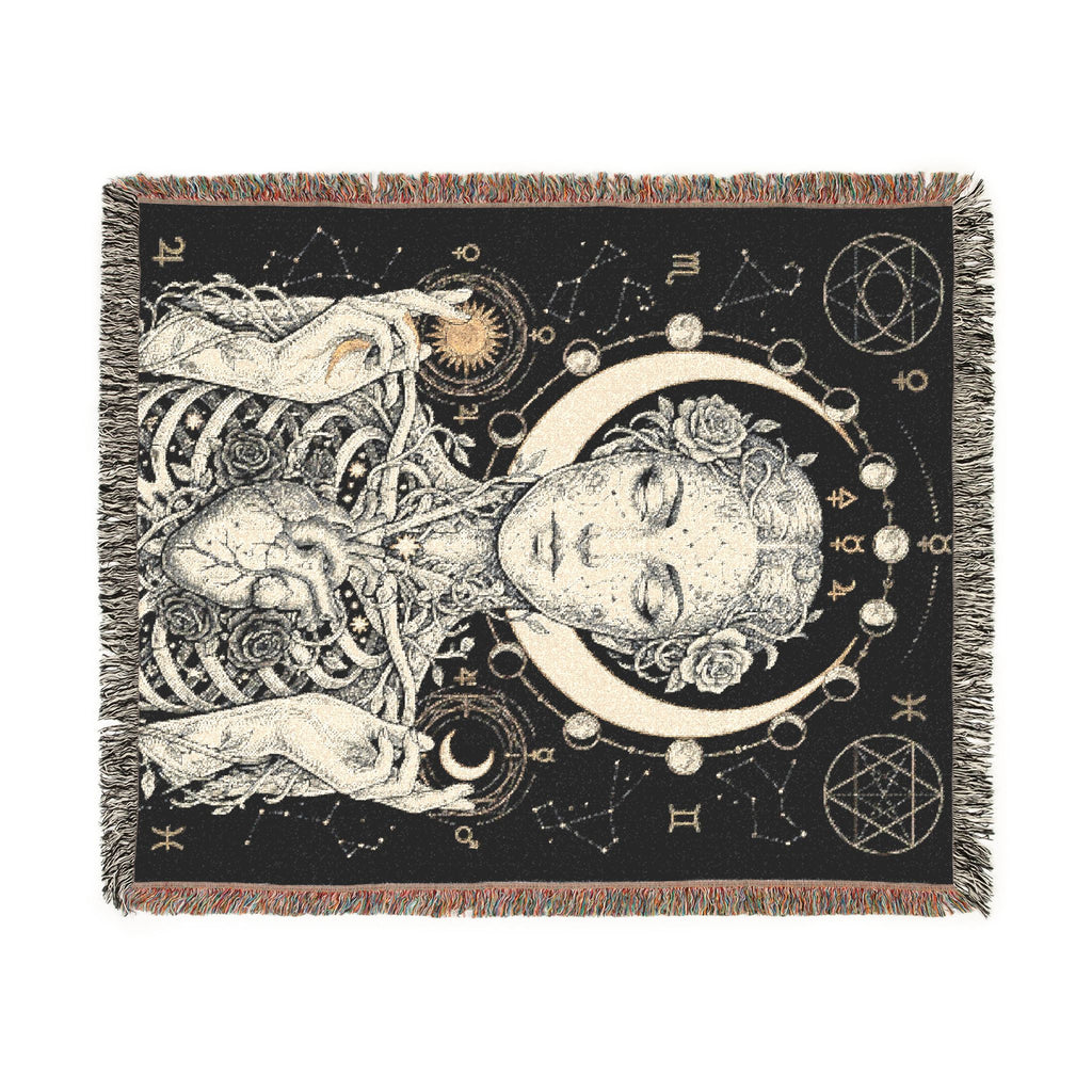Mystical Celestial Goddess Woven Throw Blanket Dark Macabre Botanical Tapestry