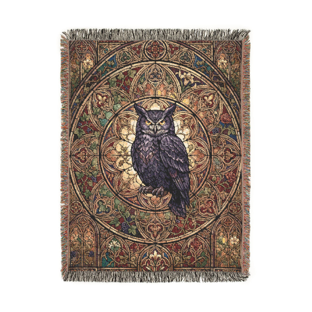 Gothic Owl Stained Glass Woven Throw Blanket Mystical Cathedral Tapestry