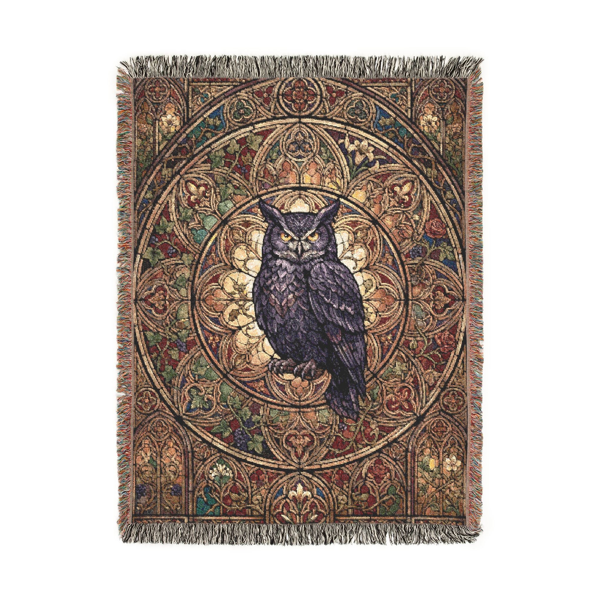 Gothic Owl Stained Glass Woven Throw Blanket Mystical Cathedral Tapestry