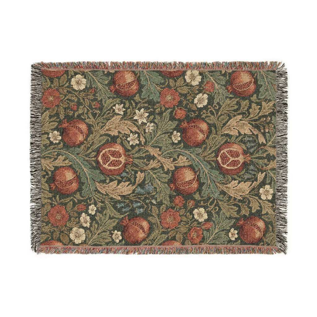 Vintage William Morris Pomegranate Woven Throw Blanket Olive Botanical Tapestry