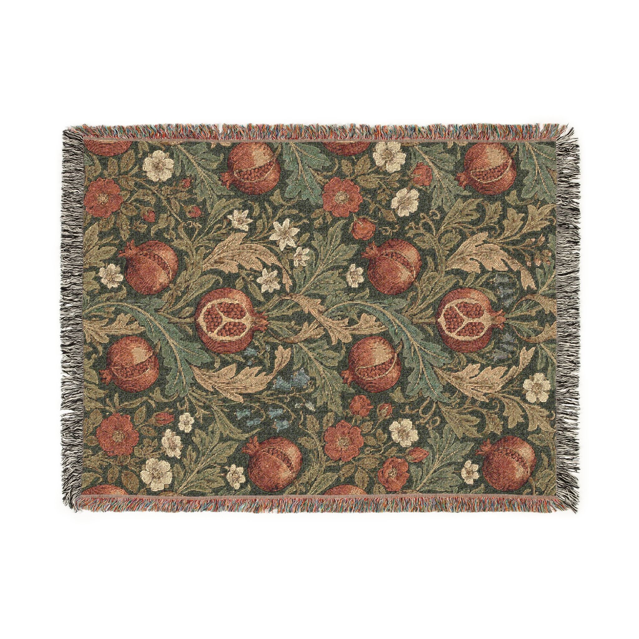 Vintage William Morris Pomegranate Woven Throw Blanket Olive Botanical Tapestry