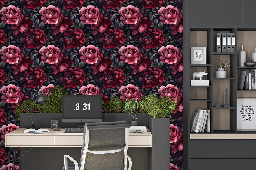 Watercolour Dark Red Peony Peel and Stick Wallpaper Moody Bedroom