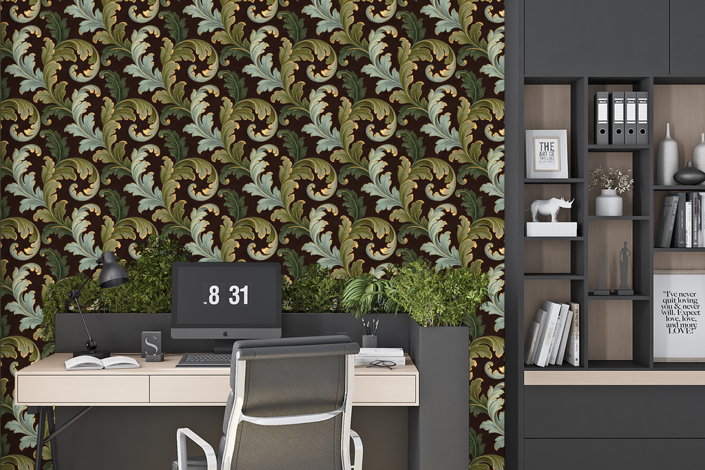 Baroque Green Acanthus Peel and Stick Wallpaper Dark Bedroom Wall Decal