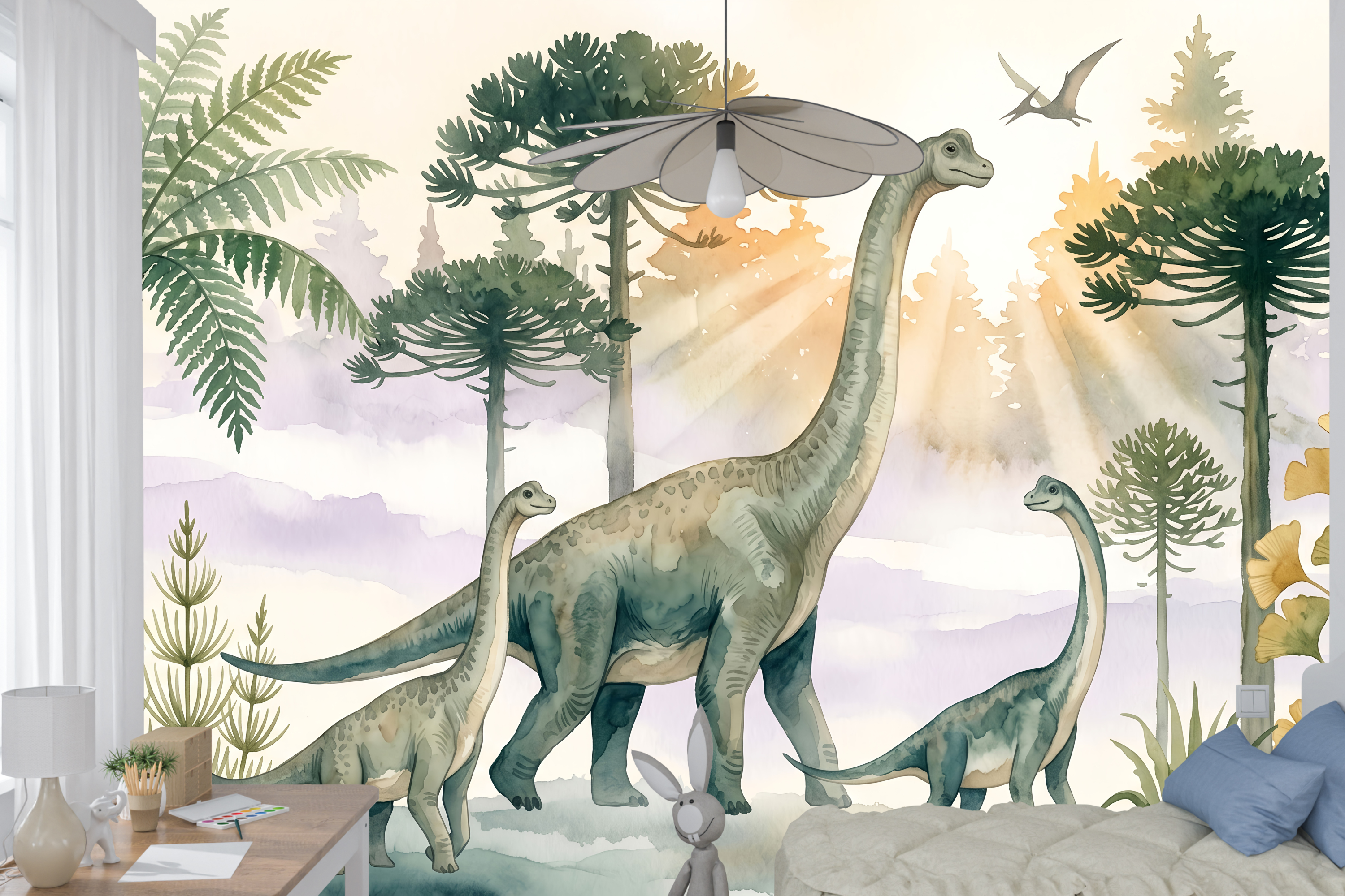 Kids Watercolour Dinosaur Nursery Peel and Stick Wallpaper Mural