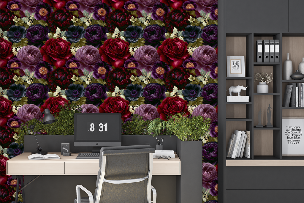 Dark gothic floral wallpaper featuring oversized deep crimson roses, soft lavender cabbage roses, dark purple peonies, near-black anemones with copper-gold centres, and gilded gold leaf accents in a full-bleed jewel-toned composition — premium dark romantic maximalist wallpaper by WallpaperPixi
