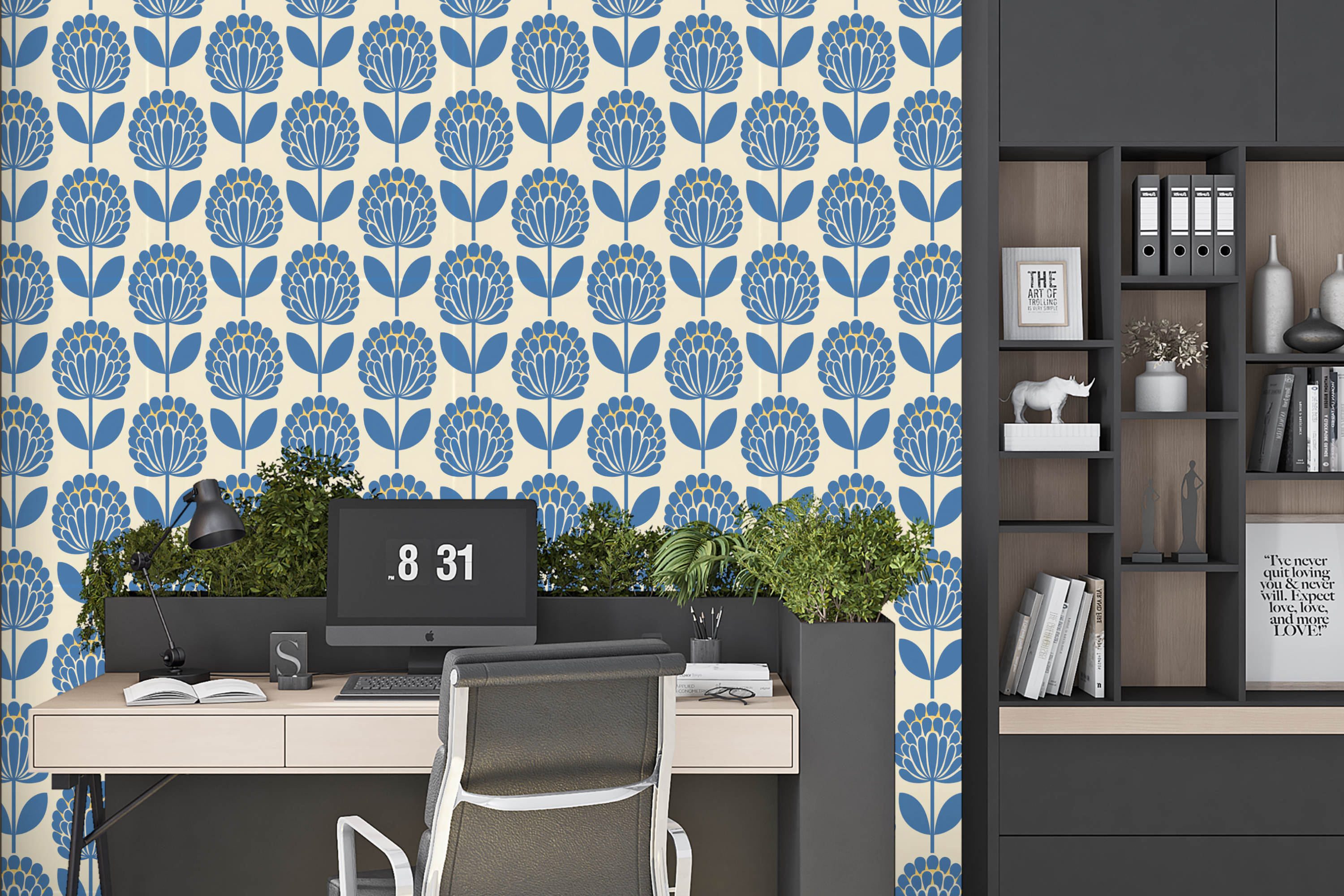 Retro Mid-Century Modern Floral Wallpaper Scandinavian Slate Blue & Cream Geometric Botanical Mural