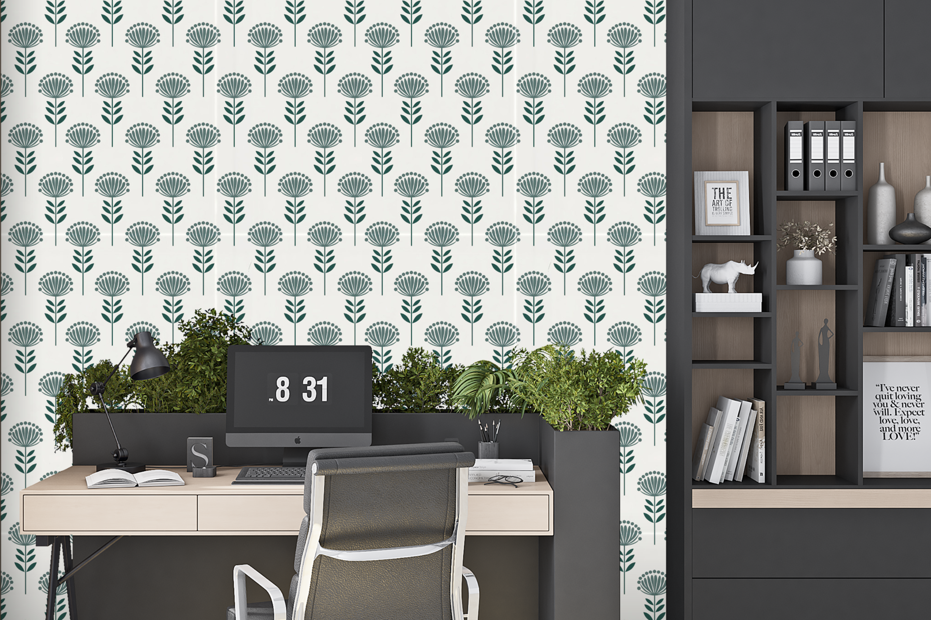 Minimalist Mid-Century Botanical Wallpaper Scandinavian Dark Teal Geometric Floral Mural