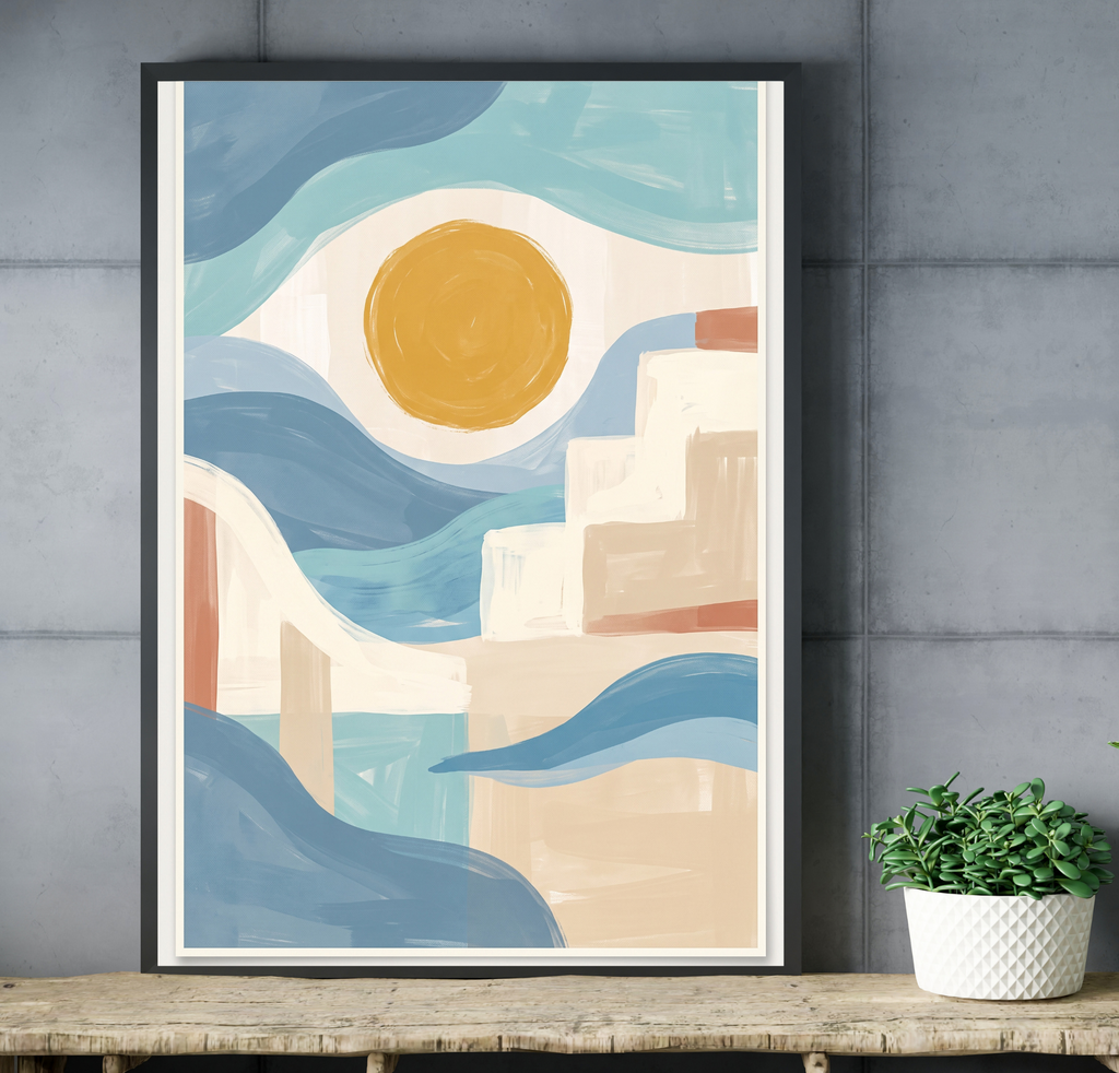 Minimalist boho landscape wall decor displayed gracefully above a serene, neutral-toned bed