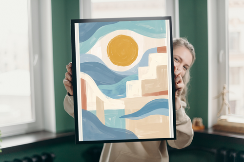 Calming ocean blue and terracotta abstract art adding a peaceful spa-like feel to a modern bathroom