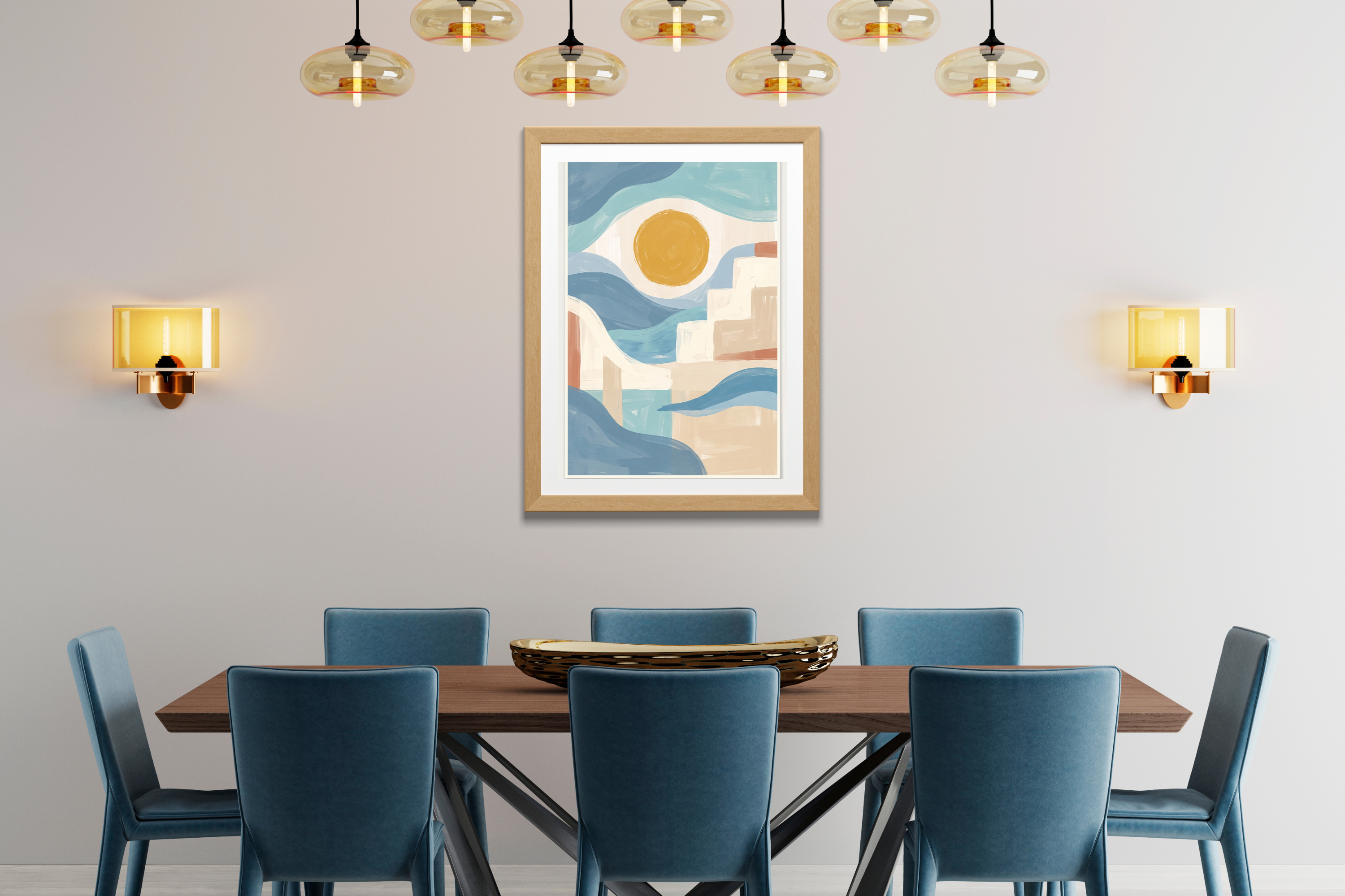 Gentle geometric Mediterranean landscape print bringing warmth and tranquility to a stylish boho nursery