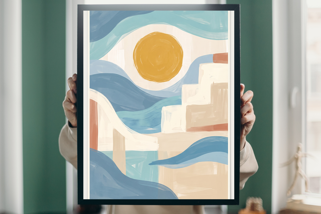 Detail view showing the visible painterly brushstrokes and warm golden sun of the coastal print