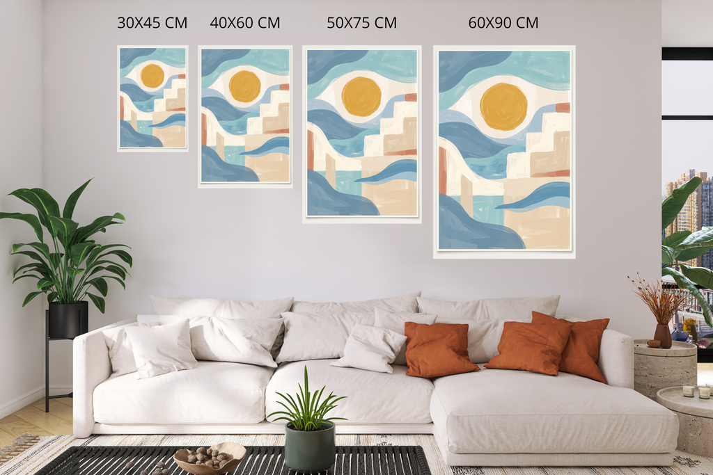 Abstract coastal sun and waves canvas print styling a bright, airy modern boho living room