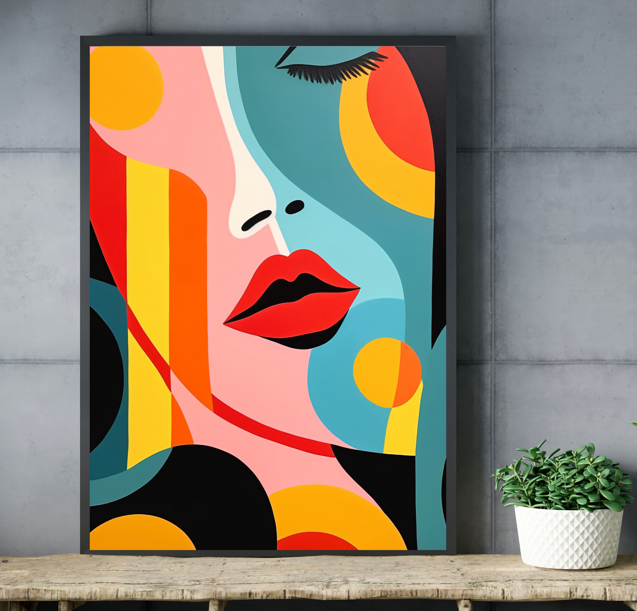 Vibrant geometric girl face canvas styling a chic and trendy beauty salon