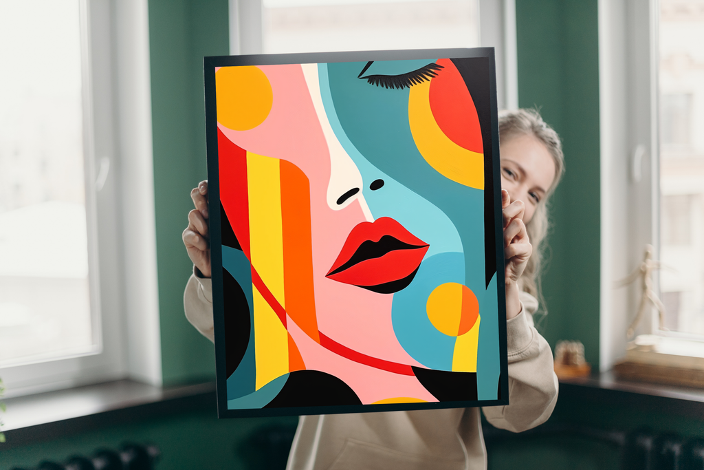 Detail view showing the crisp lines, striking red lips, and flat bold colors of the graphic print