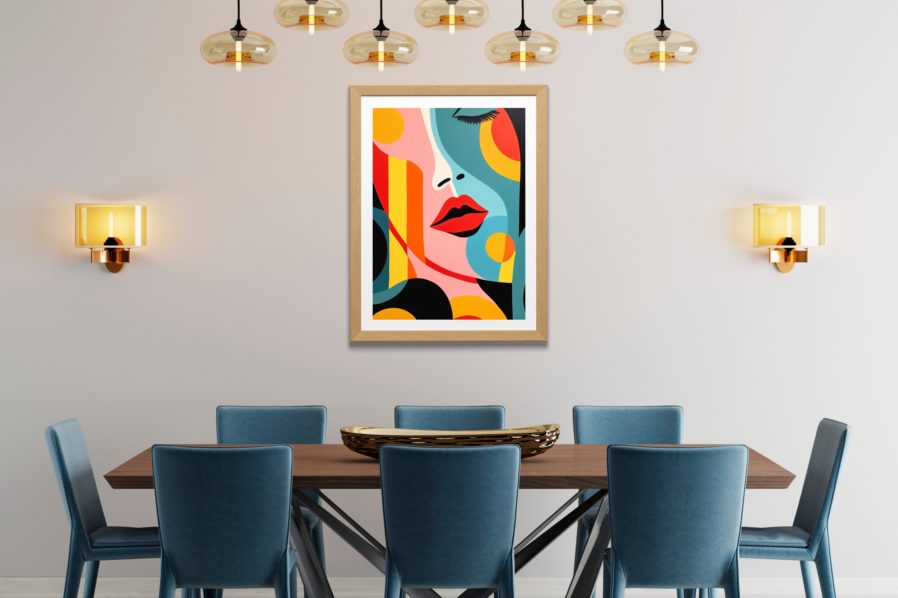 Colorful pop art female portrait wall decor hanging above a stylish contemporary bed