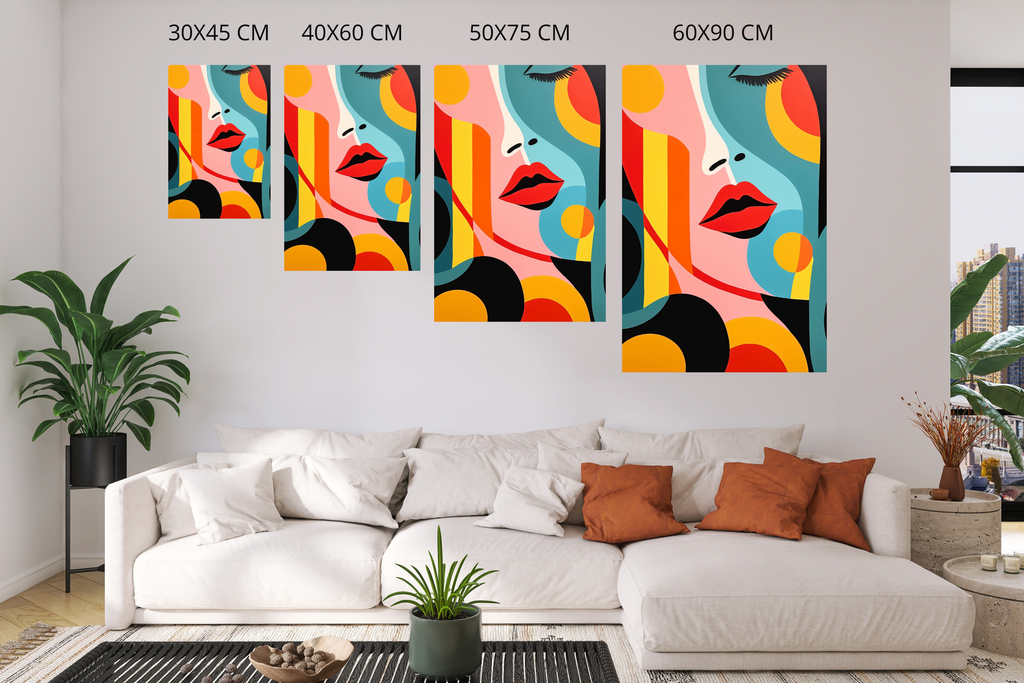 Abstract geometric woman face canvas print displayed above a sleek modern sofa