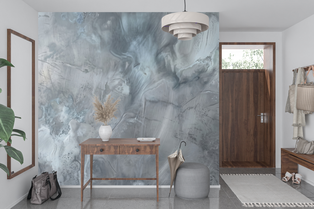 Modern swirled faux cement wall mural transforming a trendy commercial space or boutique