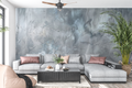 Abstract industrial liquid concrete mural in a modern minimalist living room