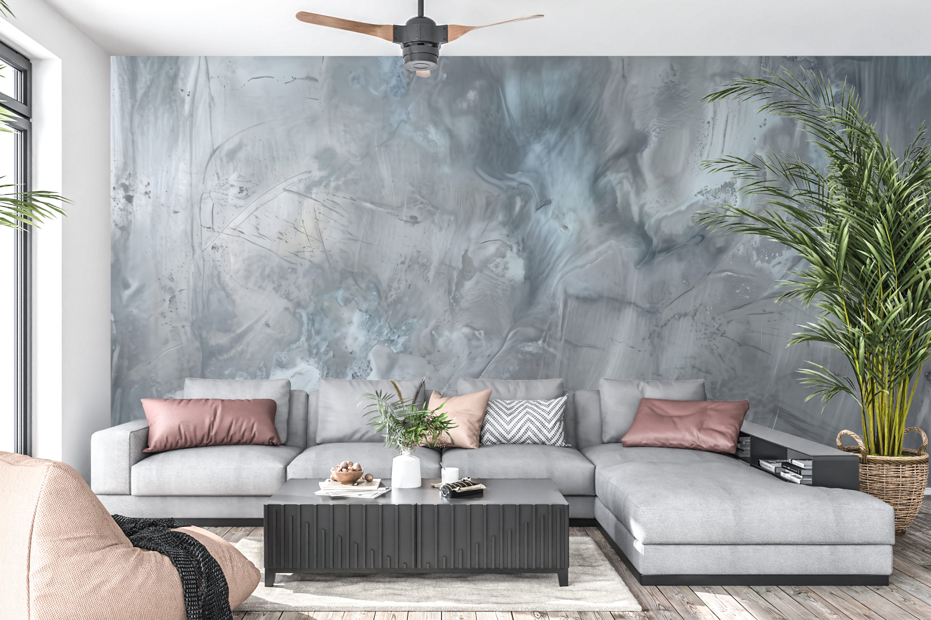 Abstract industrial liquid concrete mural in a modern minimalist living room