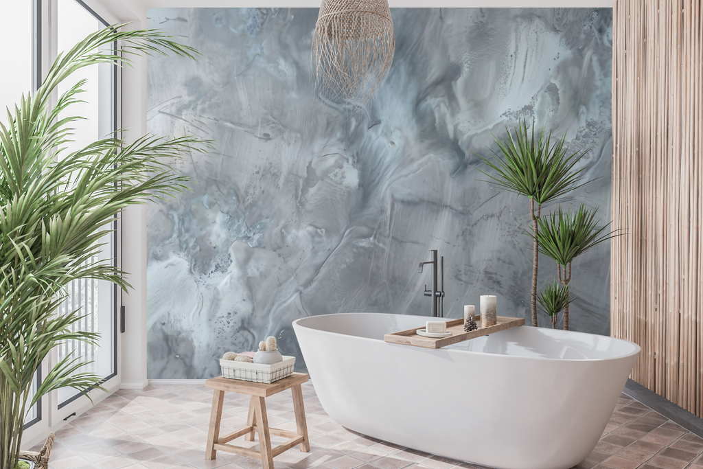Waterproof vinyl fluid concrete wallpaper applied in a contemporary industrial bathroom