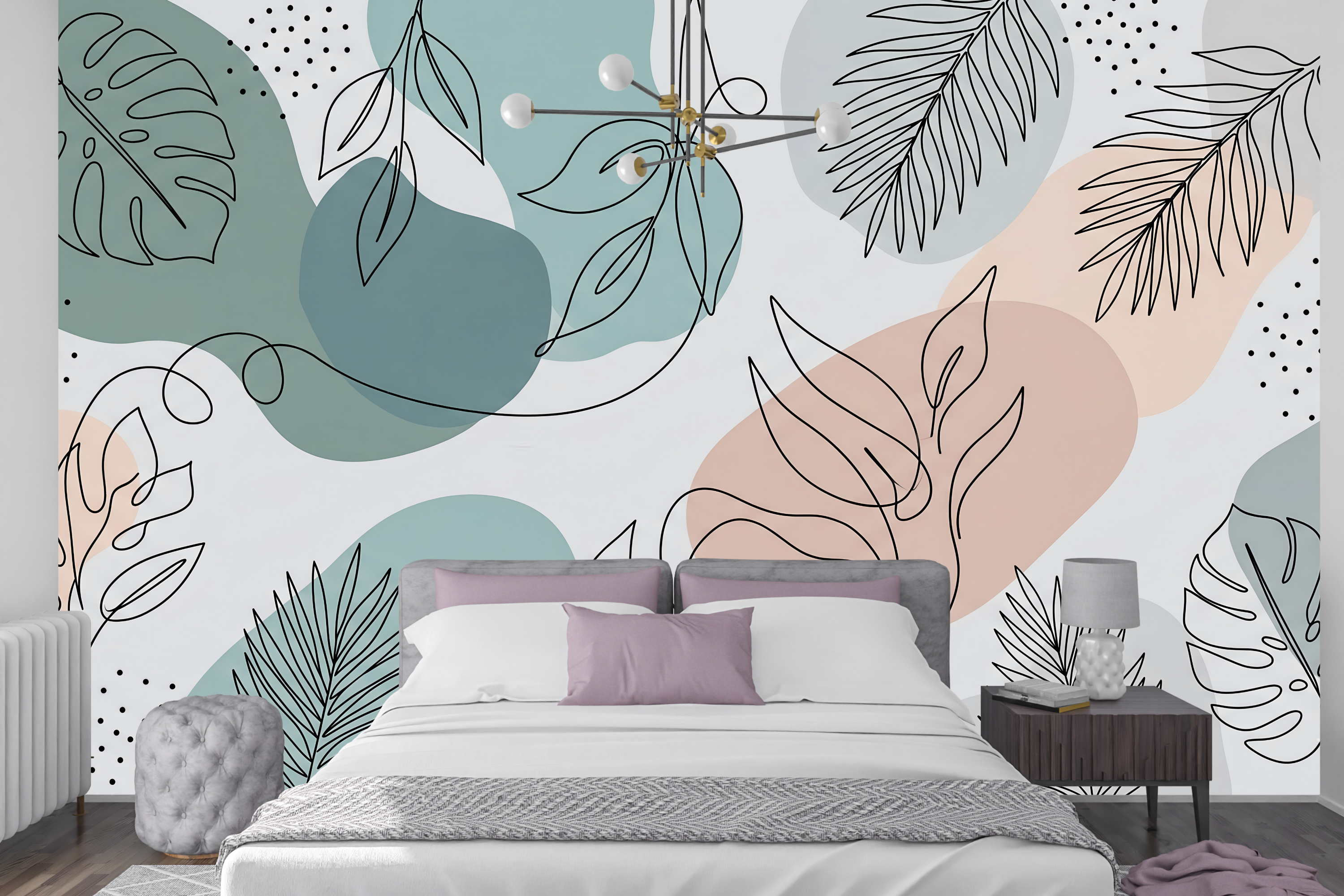 Scandi boho blush and sage green wall mural creating a trendy bedroom accent wall