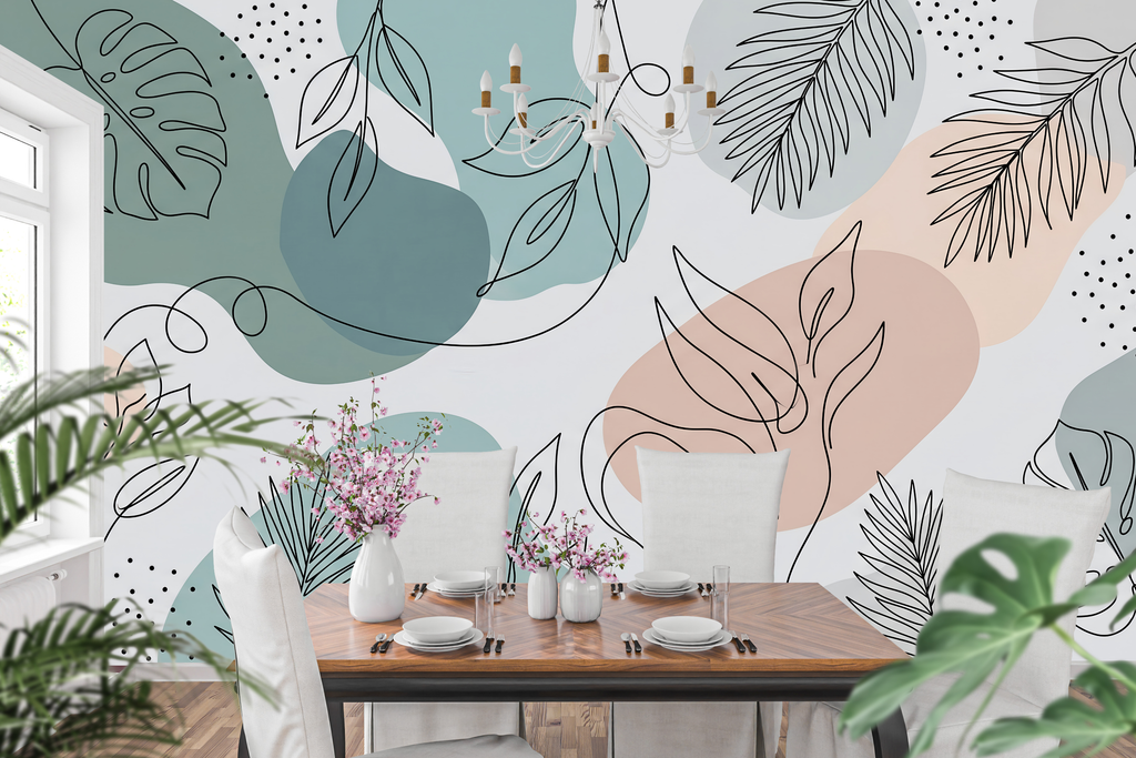 Pastel organic shapes and leaf line drawing peel and stick wallpaper behind a home office desk