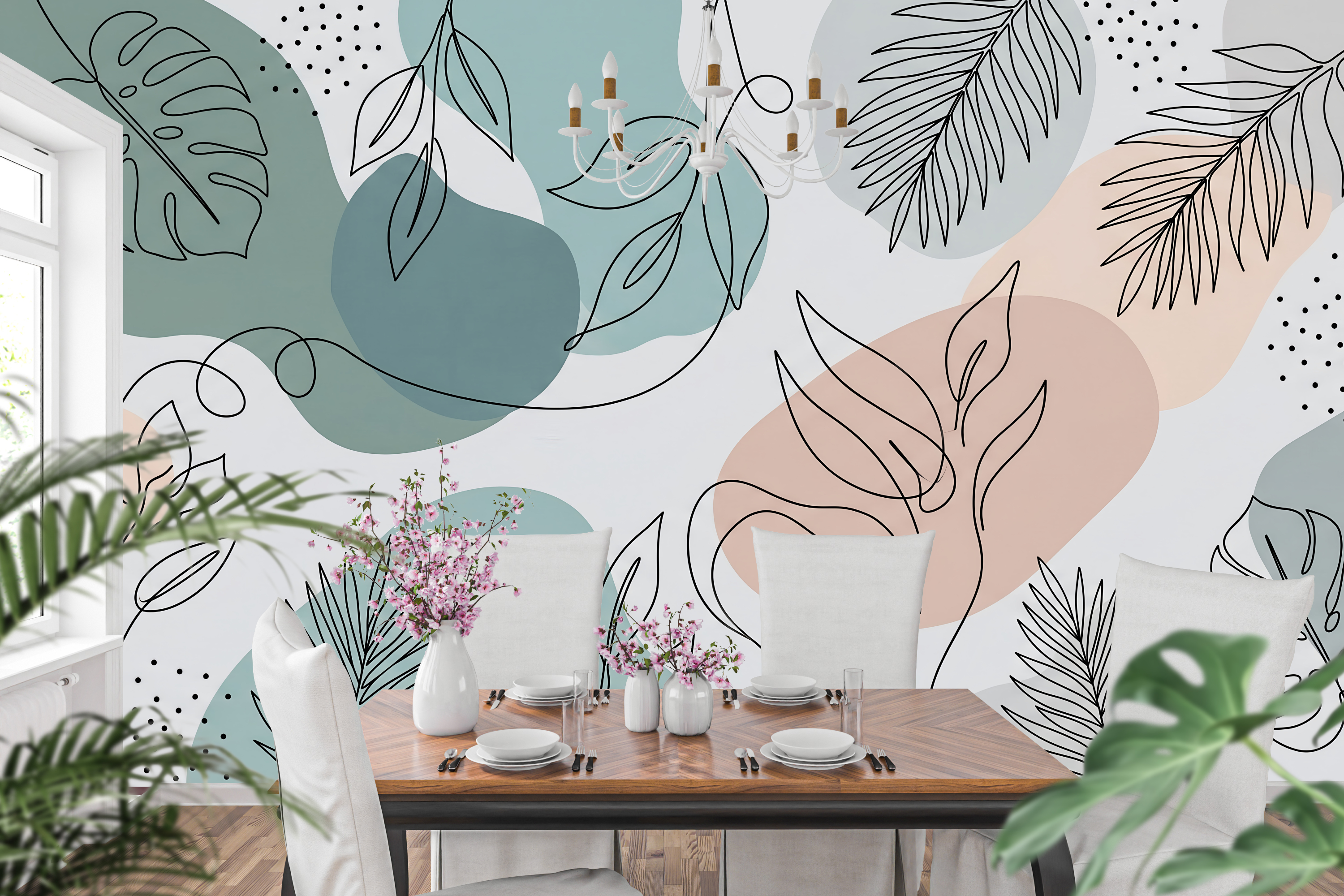 Pastel organic shapes and leaf line drawing peel and stick wallpaper behind a home office desk