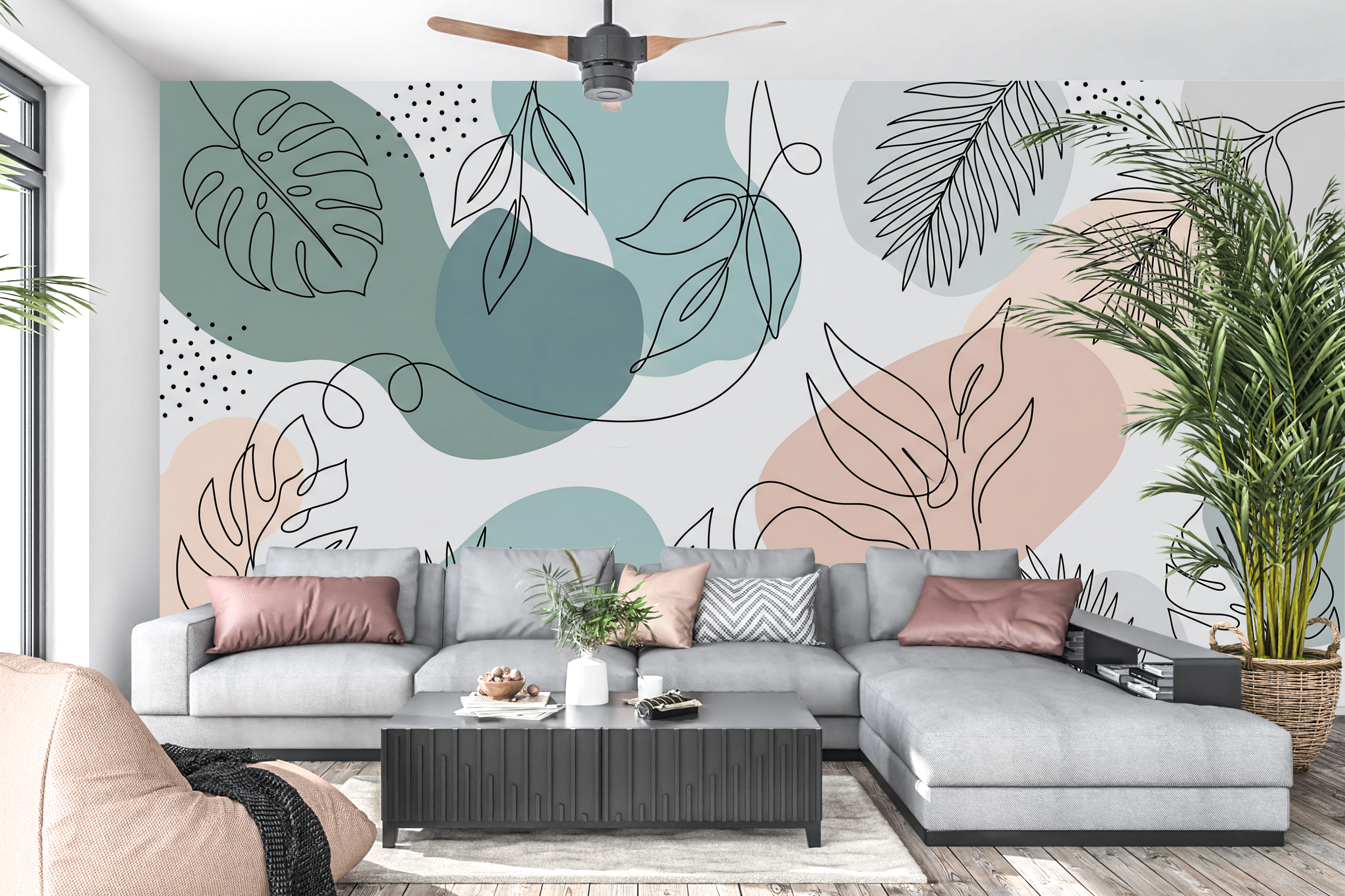 Abstract continuous line art botanical mural in a modern minimalist living room