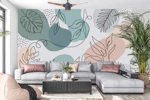 Abstract continuous line art botanical mural in a modern minimalist living room