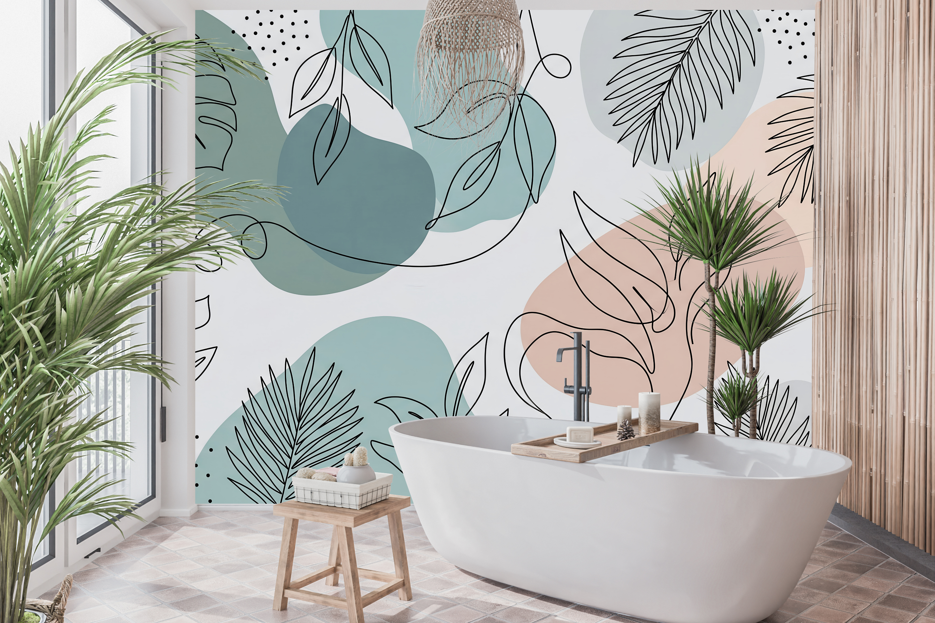 Waterproof vinyl modern abstract leaf wallpaper applied in a chic bright bathroom