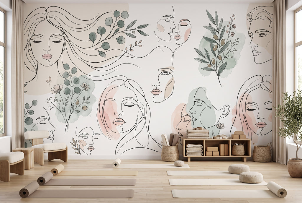 1. Custom neutral line art wallpaper with artistic faces and botanical illustrations