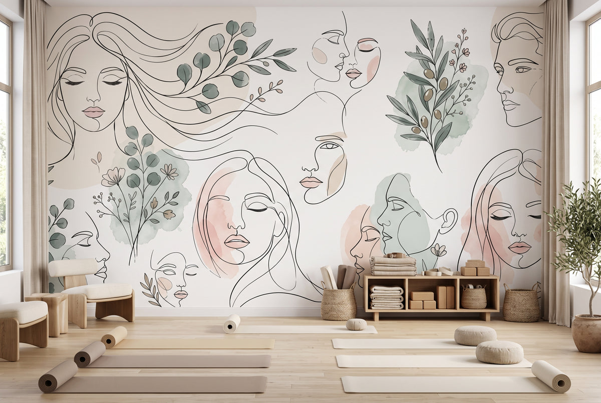 1. Custom neutral line art wallpaper with artistic faces and botanical illustrations