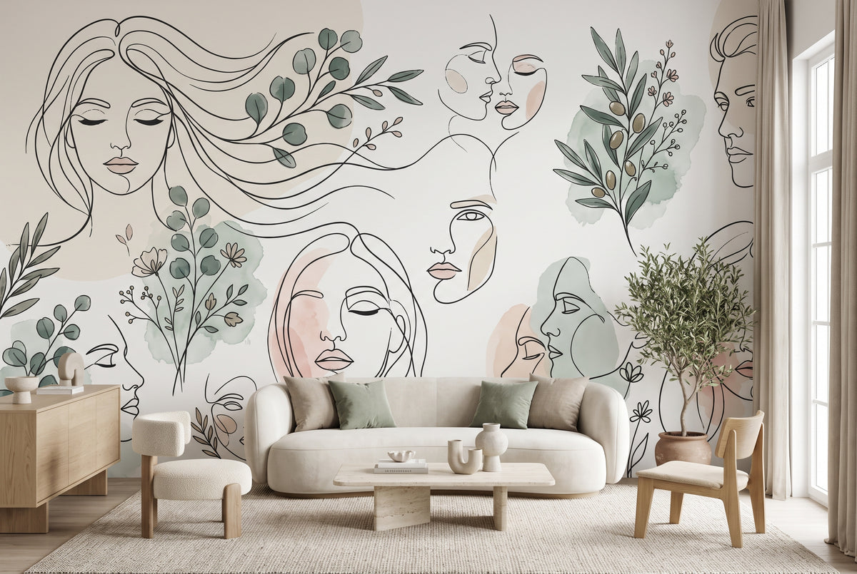 Modern line art face wallpaper with blush pink and neutral watercolor accents