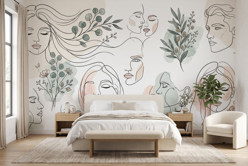 Abstract face wallpaper mural with minimalist line art and sage green botanicals