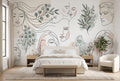 Abstract face wallpaper mural with minimalist line art and sage green botanicals