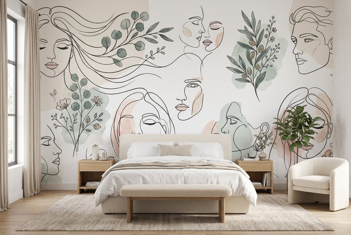 Abstract face wallpaper mural with minimalist line art and sage green botanicals
