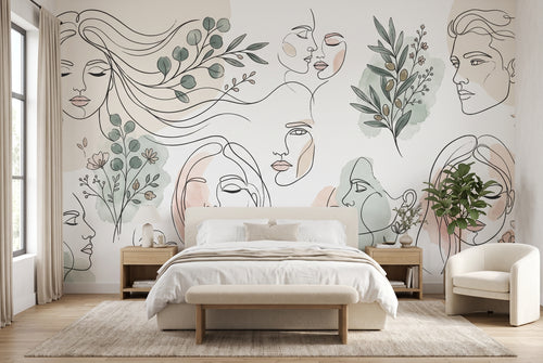 Abstract face wallpaper mural with minimalist line art and sage green botanicals