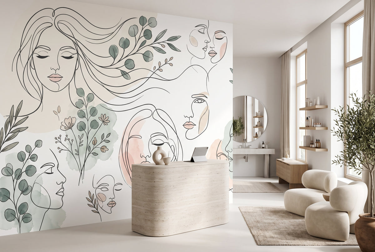 Minimalist portrait wallpaper mural with abstract faces and eucalyptus leaves