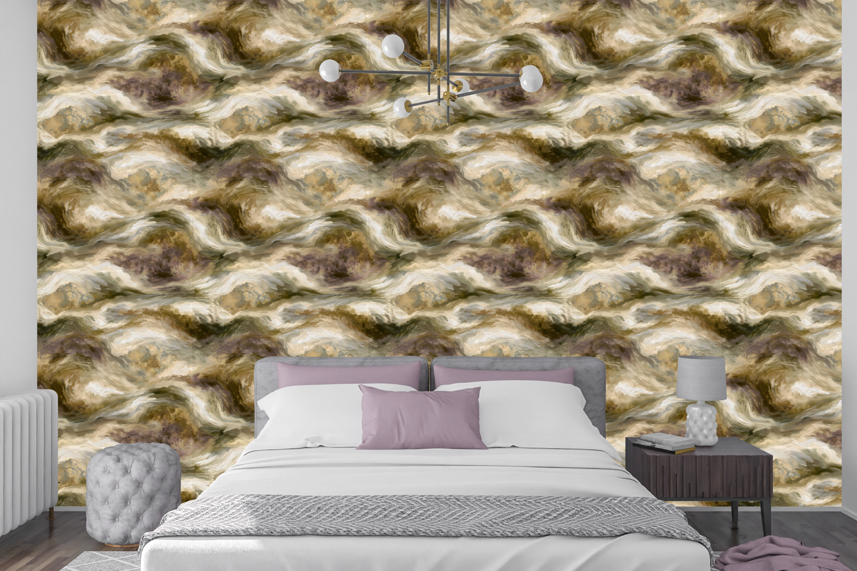 Earthy olive and gold faux textured wallpaper creating a grounding accent wall in a cozy bedroom