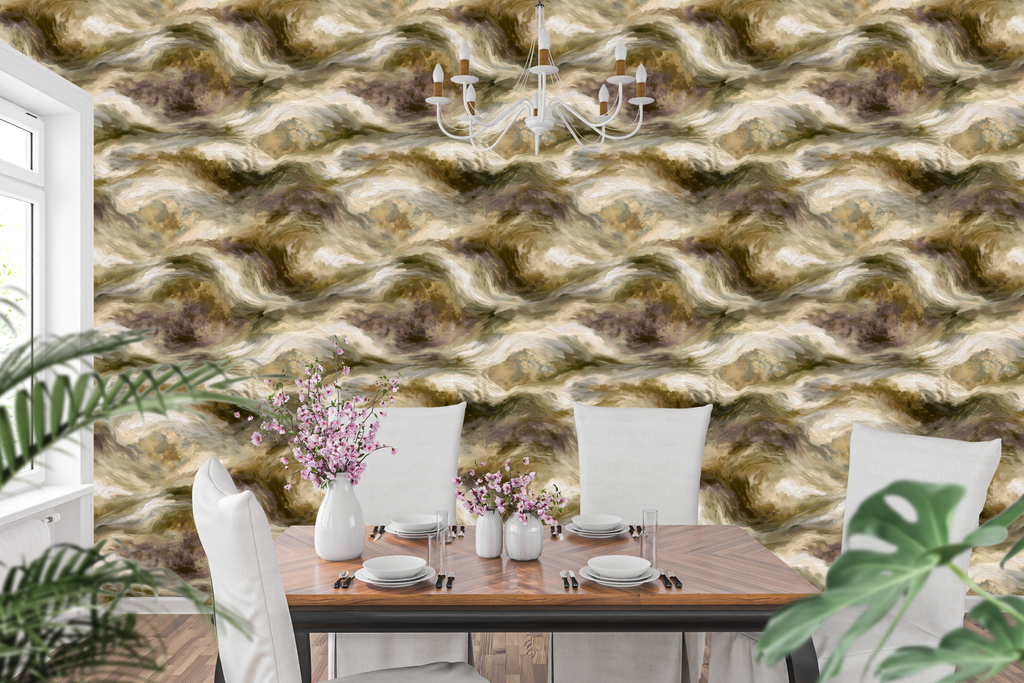 Rustic marbled earth abstract wallpaper in an elegant organic dining room