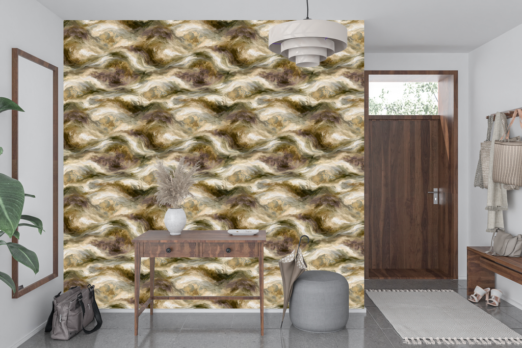 Abstract faux gold leaf wall mural transforming a dramatic home office or luxury entryway